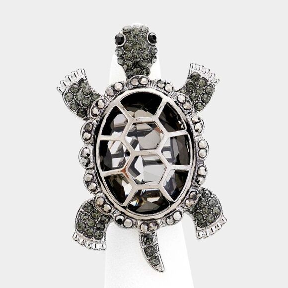 Turtle Black Crystal Rhinestone Pave Stretch Ring NWT - Picture 1 of 5